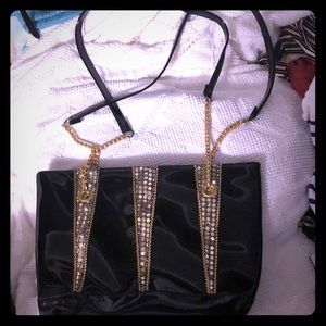 Black Tote Bag - faux Patent Leather with gold chain